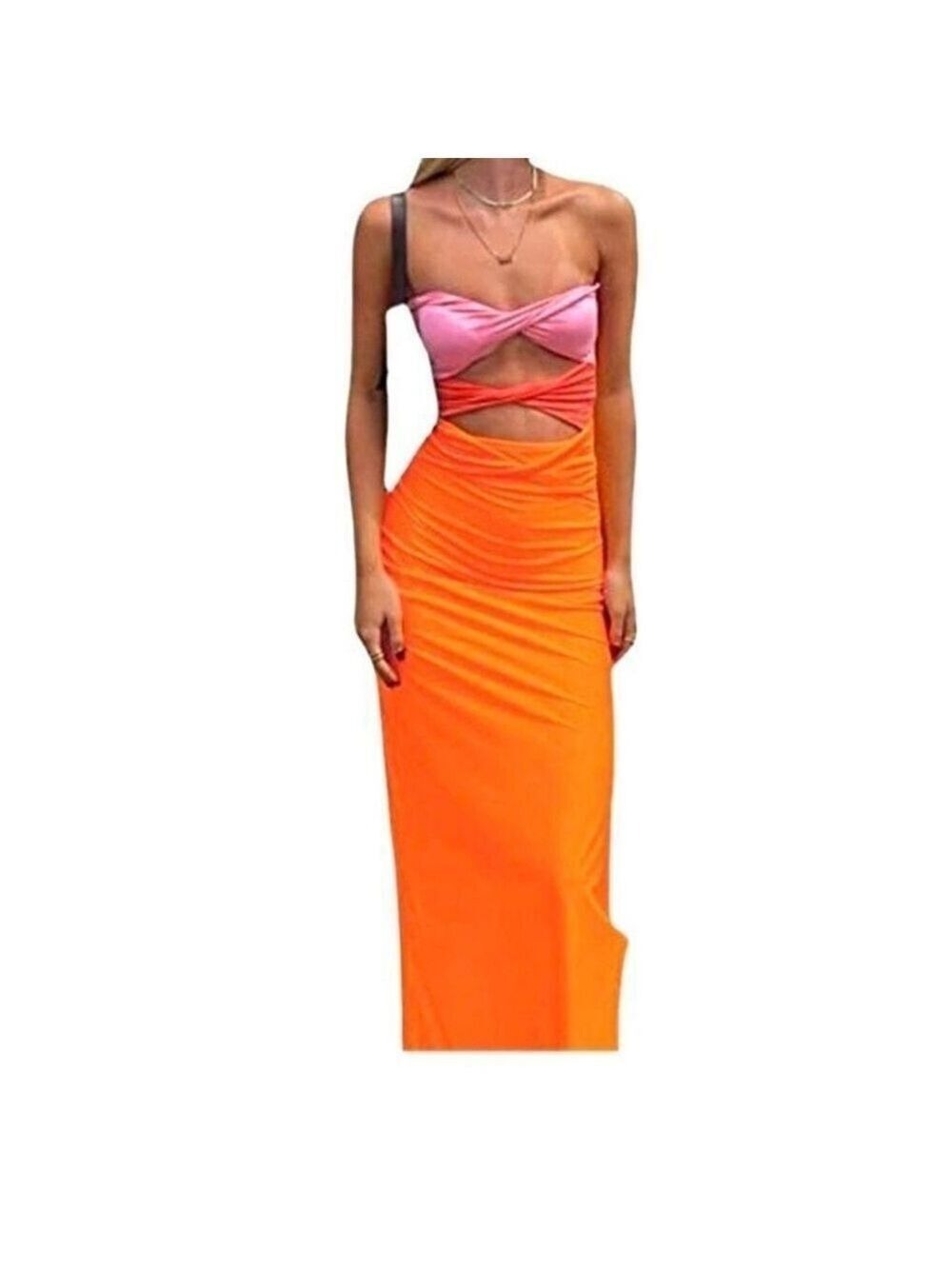 HeyHeyShine Pink Orange Colorblock Cutout Maxi Dress Small